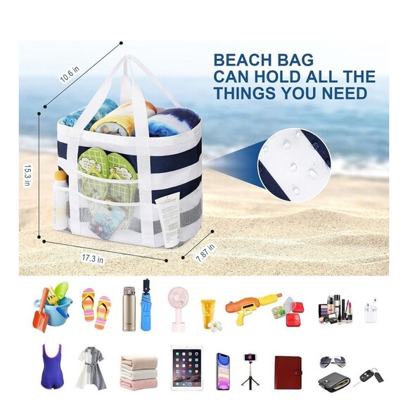 New Large Striped Waterproof Sandproof Beach Bag Pool Tote - Picture 2 of 3